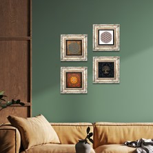 Pinecone Stone Yaşam Çiçeği, Sri Yantra, Hayat Ağacı Çerçeveli Taş Duvar Tablosu 4’lü Set - Dekoratif Modern Sanat, Ev ve Ofis Dekoru |TK4-512|