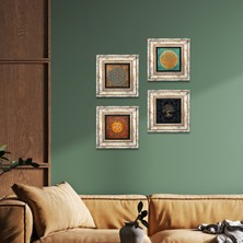 Pinecone Stone Yaşam Çiçeği, Lotus Çiçeği, Sri Yantra, Hayat Ağacı Çerçeveli Taş Duvar Tablosu 4’lü Set - Dekoratif Modern Sanat, Ev ve Ofis Dekoru |TK4-517|