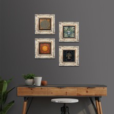 Pinecone Stone Yaşam Çiçeği, Sri Yantra, Hayat Ağacı Çerçeveli Taş Duvar Tablosu 4’lü Set - Dekoratif Modern Sanat, Ev ve Ofis Dekoru |TK4-530|