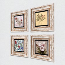 Pinecone Gül, Vintage Çiçek, Lale, Kelebekli Çiçek Taş Duvar Tablosu Çerçeveli Duvar Dekoru 4 Parça Tablo Seti Wall Art T4-1872