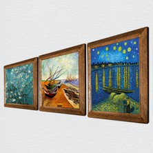 Pinecone Van Gogh Taş Duvar Tablosu Ahşap Çerçeveli Duvar Dekoru 3 Parça Tablo Seti Wall Art W3-507