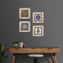 Pinecone Stone Nazar, Yaşam Çiçeği, Fatma Ana Eli (Hamsa) Çerçeveli Taş Duvar Tablosu 4’lü Set - Dekoratif Modern Sanat, Ev ve Ofis Dekoru |TK4-439|