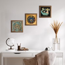 Pinecone Yaşam Çiçeği, Lale Ebru Sanatı, Şahmeran Taş Duvar Tablosu Ahşap Çerçeveli Duvar Dekoru 3 Parça Tablo Seti Wall Art W3-656