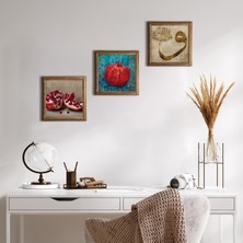 Pinecone Stone Vav, Nar Ahşap Çerçeveli Taş Duvar Tablosu 3’lü Set – 25x25 cm Dekoratif Modern Sanat – Ev ve Ofis Dekoru |W3-812|