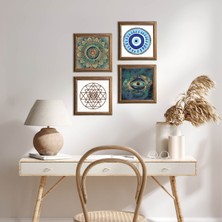 Pinecone Stone Mandala, Nazar, Sri Yantra Ahşap Çerçeveli Taş Duvar Tablosu 4’lü Set – 25x25 cm Dekoratif Modern Sanat – Ev ve Ofis Dekoru |W4-1004|