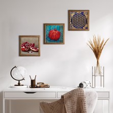 Pinecone Stone Yaşam Çiçeği, Nar Ahşap Çerçeveli Taş Duvar Tablosu 3’lü Set – 25x25 cm Dekoratif Modern Sanat – Ev ve Ofis Dekoru |W3-816|