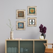 Pinecone Stone Yaşam Çiçeği, Lotus Çiçeği, Fatma Ana Eli (Hamsa) Çerçeveli Taş Duvar Tablosu 4’lü Set - Dekoratif Modern Sanat, Ev ve Ofis Dekoru |TK4-424|