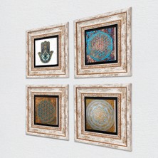 Pinecone Yaşam Çiçeği, Sri Yantra, Fatma Ana Eli (Hamsa) Taş Duvar Tablosu Çerçeveli Duvar Dekoru 4 Parça Tablo Seti Wall Art T4-414