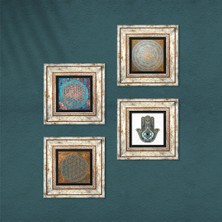 Pinecone Yaşam Çiçeği, Sri Yantra, Fatma Ana Eli (Hamsa) Taş Duvar Tablosu Çerçeveli Duvar Dekoru 4 Parça Tablo Seti Wall Art T4-414
