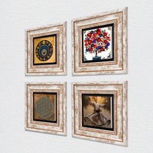 Pinecone Yaşam Çiçeği, Semazen, Nazar, Nar Ağacı Taş Duvar Tablosu Çerçeveli Duvar Dekoru 4 Parça Tablo Seti Wall Art T4-594