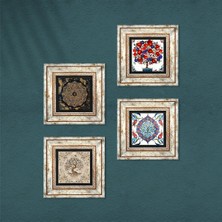 Pinecone Sri Yantra, Çini Sanatı, Hayat Ağacı, Nar Ağacı Taş Duvar Tablosu Çerçeveli Duvar Dekoru 4 Parça Tablo Seti Wall Art T4-260