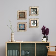 Pinecone Stone Yaşam Çiçeği, Çini Sanatı, Fatma Ana Eli (Hamsa) Çerçeveli Taş Duvar Tablosu 4’lü Set - Dekoratif Modern Sanat, Ev ve Ofis Dekoru |TK4-403|