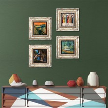 Pinecone Stone Van Gogh, Leonardo da Vinci, Çığlık, Yerli Kadınlar Çerçeveli Taş Duvar Tablosu 4’lü Set - Dekoratif Modern Sanat, Ev ve Ofis Dekoru |TK4-1695|