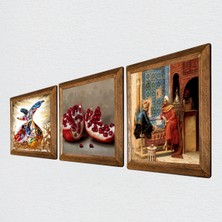 Pinecone Satranç Oyunu, Semazen, Nar Taş Duvar Tablosu Ahşap Çerçeveli Duvar Dekoru 3 Parça Tablo Seti Wall Art W3-854
