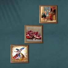 Pinecone Satranç Oyunu, Semazen, Nar Taş Duvar Tablosu Ahşap Çerçeveli Duvar Dekoru 3 Parça Tablo Seti Wall Art W3-854