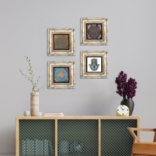 Pinecone Stone Yaşam Çiçeği, Fatma Ana Eli (Hamsa) Çerçeveli Taş Duvar Tablosu 4’lü Set - Dekoratif Modern Sanat, Ev ve Ofis Dekoru |TK4-416|