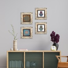 Pinecone Stone Yaşam Çiçeği, Fatma Ana Eli (Hamsa) Çerçeveli Taş Duvar Tablosu 4’lü Set - Dekoratif Modern Sanat, Ev ve Ofis Dekoru |TK4-410|