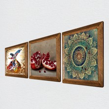 Pinecone Mandala, Semazen, Nar Taş Duvar Tablosu Ahşap Çerçeveli Duvar Dekoru 3 Parça Tablo Seti Wall Art W3-889