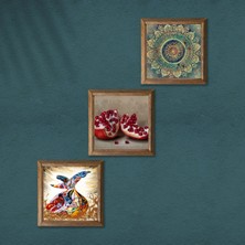 Pinecone Mandala, Semazen, Nar Taş Duvar Tablosu Ahşap Çerçeveli Duvar Dekoru 3 Parça Tablo Seti Wall Art W3-889
