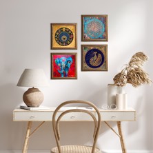 Pinecone Stone Fil, Yaşam Çiçeği, Tavus Kuşu, Nazar Ahşap Çerçeveli Taş Duvar Tablosu 4’lü Set – 25x25 cm Dekoratif Modern Sanat – Ev ve Ofis Dekoru |W4-321|