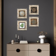 Pinecone Stone Yaşam Çiçeği, Yaprak, Sri Yantra Çerçeveli Taş Duvar Tablosu 4’lü Set - Dekoratif Modern Sanat, Ev ve Ofis Dekoru |TK4-587|
