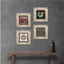 Pinecone Stone Yaşam Çiçeği, Şahmeran, Nar Çerçeveli Taş Duvar Tablosu 4’lü Set - Dekoratif Modern Sanat, Ev ve Ofis Dekoru |TK4-770|
