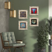 Pinecone Stone Fil, Yaşam Çiçeği, Şahmeran Çerçeveli Taş Duvar Tablosu 4’lü Set - Dekoratif Modern Sanat, Ev ve Ofis Dekoru |TK4-150|