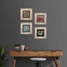 Pinecone Yaşam Çiçeği, Şahmeran, Nar Taş Duvar Tablosu Çerçeveli Duvar Dekoru 4 Parça Tablo Seti Wall Art T4-442