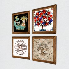 Pinecone Sri Yantra, Şahmeran, Hayat Ağacı, Nar Ağacı Taş Duvar Tablosu Ahşap Çerçeveli Duvar Dekoru 4 Parça Tablo Seti Wall Art W4-1013