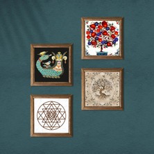 Pinecone Sri Yantra, Şahmeran, Hayat Ağacı, Nar Ağacı Taş Duvar Tablosu Ahşap Çerçeveli Duvar Dekoru 4 Parça Tablo Seti Wall Art W4-1013