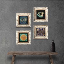 Pinecone Stone Nazar, Lotus Çiçeği, Yaşam Çiçeği, Şahmeran Çerçeveli Taş Duvar Tablosu 4’lü Set - Dekoratif Modern Sanat, Ev ve Ofis Dekoru |TK4-789|