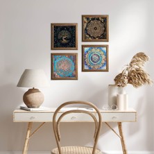 Pinecone Stone Mandala, Sri Yantra, Yaşam Çiçeği, Hayat Ağacı Ahşap Çerçeveli Taş Duvar Tablosu 4’lü Set – 25x25 cm Dekoratif Modern Sanat – Ev ve Ofis Dekoru |W4-739|
