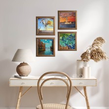 Pinecone Stone Salvador Dalí, Claude Monet, Van Gogh, İstanbul Kız Kulesi Ahşap Çerçeveli Taş Duvar Tablosu 4’lü Set – 25x25 cm Dekoratif Modern Sanat – Ev ve Ofis Dekoru |W4-751|