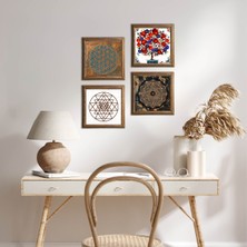 Pinecone Stone Yaşam Çiçeği, Sri Yantra, Nar Ağacı Ahşap Çerçeveli Taş Duvar Tablosu 4’lü Set – 25x25 cm Dekoratif Modern Sanat – Ev ve Ofis Dekoru |W4-1017|