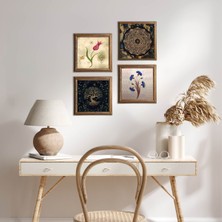 Pinecone Stone Ebru Sanatı, Nazar, Tavus Kuşu Ahşap Çerçeveli Taş Duvar Tablosu 4’lü Set – 25x25 cm Dekoratif Modern Sanat – Ev ve Ofis Dekoru |W4-1047|