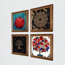 Pinecone Sri Yantra, Hayat Ağacı, Nar Ağacı, Nar Taş Duvar Tablosu Ahşap Çerçeveli Duvar Dekoru 4 Parça Tablo Seti Wall Art W4-1049