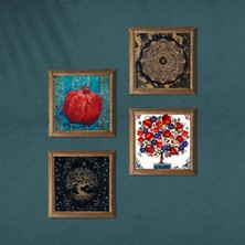 Pinecone Sri Yantra, Hayat Ağacı, Nar Ağacı, Nar Taş Duvar Tablosu Ahşap Çerçeveli Duvar Dekoru 4 Parça Tablo Seti Wall Art W4-1049