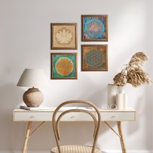 Pinecone Stone Yaşam Çiçeği, Lotus Çiçeği Ahşap Çerçeveli Taş Duvar Tablosu 4’lü Set – 25x25 cm Dekoratif Modern Sanat – Ev ve Ofis Dekoru |W4-120|
