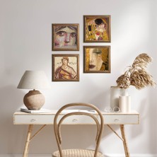 Pinecone Stone Çingene Kızı, Soteria, Gustav Klimt Altın Gözyaşları, Öpücük Ahşap Çerçeveli Taş Duvar Tablosu 4’lü Set – 25x25 cm Dekoratif Modern Sanat – Ev ve Ofis Dekoru |W4-761|
