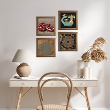Pinecone Stone Yaşam Çiçeği, Sri Yantra, Şahmeran, Nar Ahşap Çerçeveli Taş Duvar Tablosu 4’lü Set – 25x25 cm Dekoratif Modern Sanat – Ev ve Ofis Dekoru |W4-766|