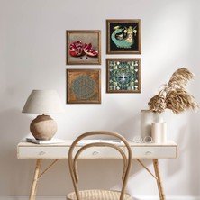 Pinecone Stone Yaşam Çiçeği, Hayat Ağacı, Şahmeran, Nar Ahşap Çerçeveli Taş Duvar Tablosu 4’lü Set – 25x25 cm Dekoratif Modern Sanat – Ev ve Ofis Dekoru |W4-767|