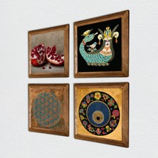 Pinecone Yaşam Çiçeği, Nazar, Şahmeran, Nar Taş Duvar Tablosu Ahşap Çerçeveli Duvar Dekoru 4 Parça Tablo Seti Wall Art W4-768