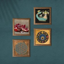 Pinecone Yaşam Çiçeği, Nazar, Şahmeran, Nar Taş Duvar Tablosu Ahşap Çerçeveli Duvar Dekoru 4 Parça Tablo Seti Wall Art W4-768