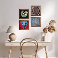 Pinecone Stone Fil, Yaşam Çiçeği, Şahmeran Ahşap Çerçeveli Taş Duvar Tablosu 4’lü Set – 25x25 cm Dekoratif Modern Sanat – Ev ve Ofis Dekoru |W4-150|