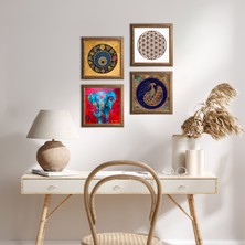 Pinecone Stone Fil, Tavus Kuşu, Yaşam Çiçeği, Nazar Ahşap Çerçeveli Taş Duvar Tablosu 4’lü Set – 25x25 cm Dekoratif Modern Sanat – Ev ve Ofis Dekoru |W4-318|