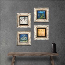 Pinecone Stone Van Gogh, Leonardo da Vinci Çerçeveli Taş Duvar Tablosu 4’lü Set - Dekoratif Modern Sanat, Ev ve Ofis Dekoru |TK4-968|