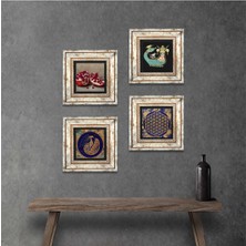 Pinecone Stone Tavus Kuşu, Yaşam Çiçeği, Şahmeran, Nar Çerçeveli Taş Duvar Tablosu 4’lü Set - Dekoratif Modern Sanat, Ev ve Ofis Dekoru |TK4-775|