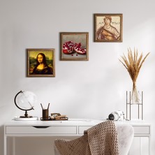 Pinecone Stone Soteria Mozaiği, Leonardo da Vinci Mona Lisa, Nar Ahşap Çerçeveli Taş Duvar Tablosu 3’lü Set – 25x25 cm Dekoratif Modern Sanat – Ev ve Ofis Dekoru |W3-1414|