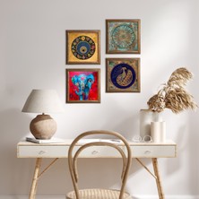 Pinecone Stone Fil, Tavus Kuşu, Yaşam Çiçeği, Nazar Ahşap Çerçeveli Taş Duvar Tablosu 4’lü Set – 25x25 cm Dekoratif Modern Sanat – Ev ve Ofis Dekoru |W4-314|