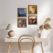 Pinecone Stone Salvador Dalí, Picasso, Van Gogh, Gustav Klimt Ahşap Çerçeveli Taş Duvar Tablosu 4’lü Set – 25x25 cm Dekoratif Modern Sanat – Ev ve Ofis Dekoru |W4-696|
